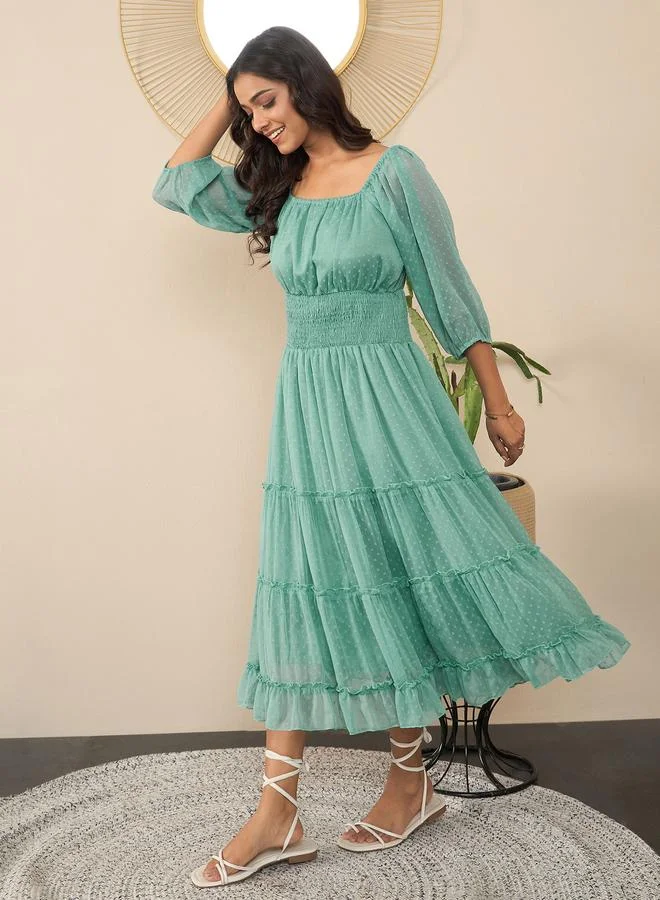 StyleStone  Stylestone Green Smocked Detail Balloon Sleeve Tiered Midi Dress for Women | Best Price UAE