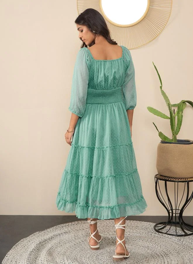 StyleStone  Stylestone Green Smocked Detail Balloon Sleeve Tiered Midi Dress for Women | Best Price UAE