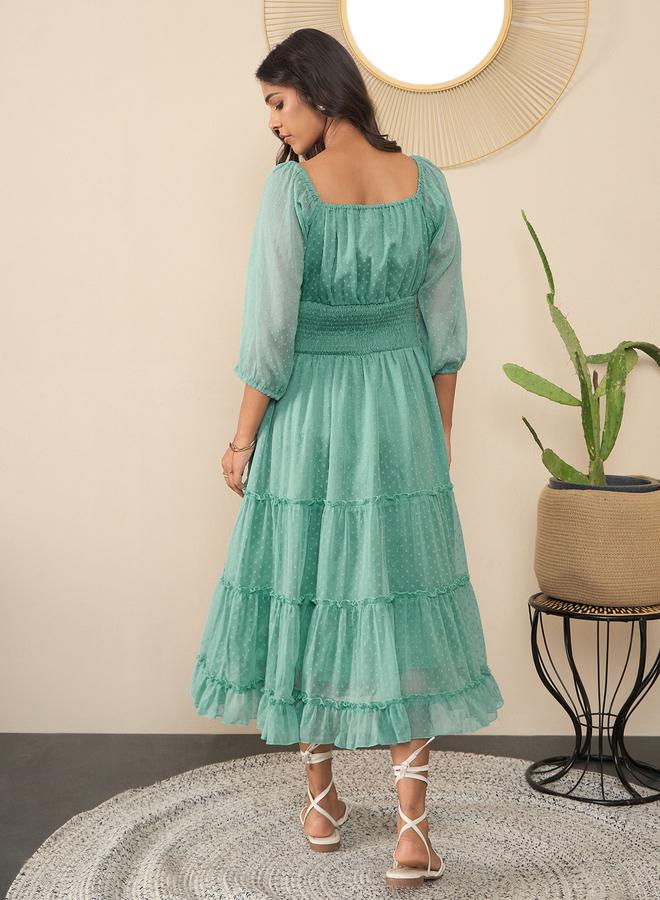 ستايل ستون فستان ميدي بأكمام بالون وتفاصيل كسرات - Image 3