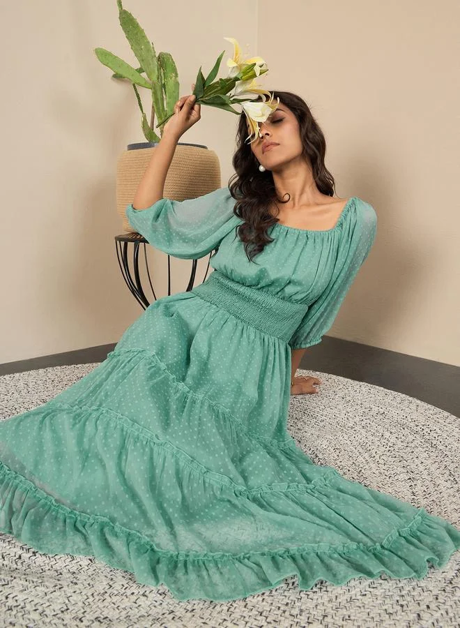 Stylestone Green Smocked Detail Balloon Sleeve Tiered Midi Dress