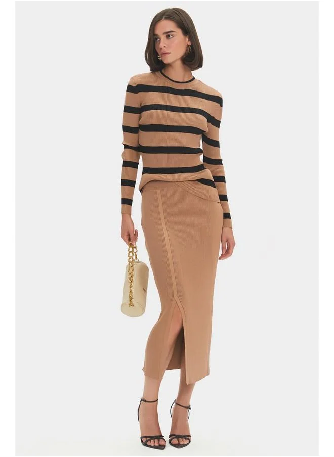 JUNE June Women Crew Neck Striped Knitwear Sweater Skirt Set Tan