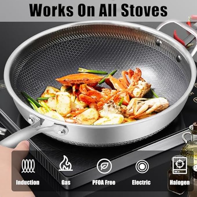 BigNoseDeer Hybrid Nonstick 125Inch Wok Pan With Lid Honeycomb Work With Handle Woks  Frying Wok Pan Pfoa Free Cookware Suitable For Induction Ceramic Electric And Gas Cooktops - Image 2