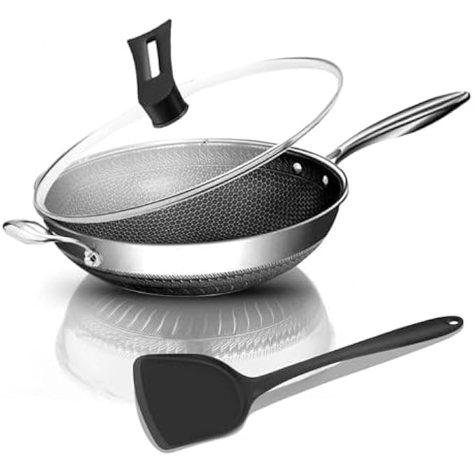 BigNoseDeer Hybrid Nonstick 125Inch Wok Pan With Lid Honeycomb Work With Handle Woks  Frying Wok Pan Pfoa Free Cookware Suitable For Induction Ceramic Electric And Gas Cooktops - Image 1
