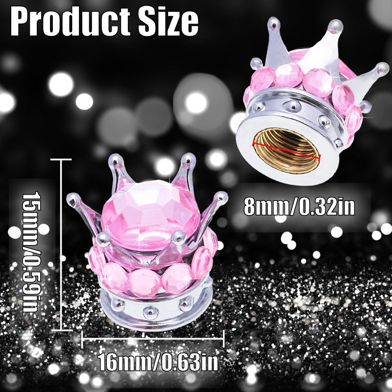 MEAJOO 4PCS Crown Bling Tire Stem Valve Caps, Crystal Diamond Car Wheel Tire Valve Caps Universal Copper Core Stem Covers for Cars, SUV, Trucks, Bikes, Motorcycles, Bicycles (Silver & Pink) - Image 2
