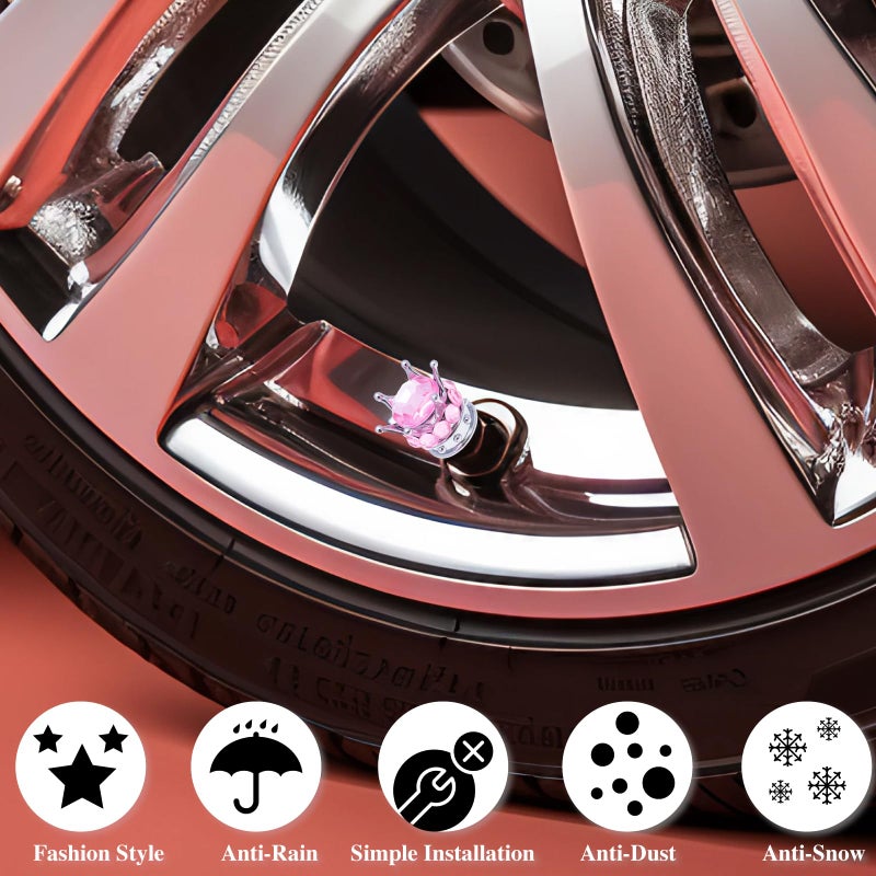 MEAJOO 4PCS Crown Bling Tire Stem Valve Caps, Crystal Diamond Car Wheel Tire Valve Caps Universal Copper Core Stem Covers for Cars, SUV, Trucks, Bikes, Motorcycles, Bicycles (Silver & Pink) - Image 5