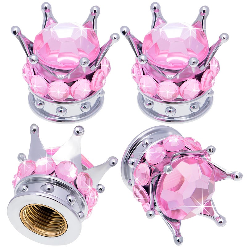 MEAJOO 4PCS Crown Bling Tire Stem Valve Caps, Crystal Diamond Car Wheel Tire Valve Caps Universal Copper Core Stem Covers for Cars, SUV, Trucks, Bikes, Motorcycles, Bicycles (Silver & Pink) - Image 1