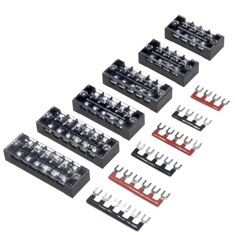 MILAPEAK 6 Sets Terminal Blocks, 4/5/6 Positions 600V 25A Dual Row Wire Screw Terminal Strip Block with Cover + 400V 25A Pre-Insulated Bus Bar Terminals Barrier Strips Jumpers (Black & Red) by - Image 1