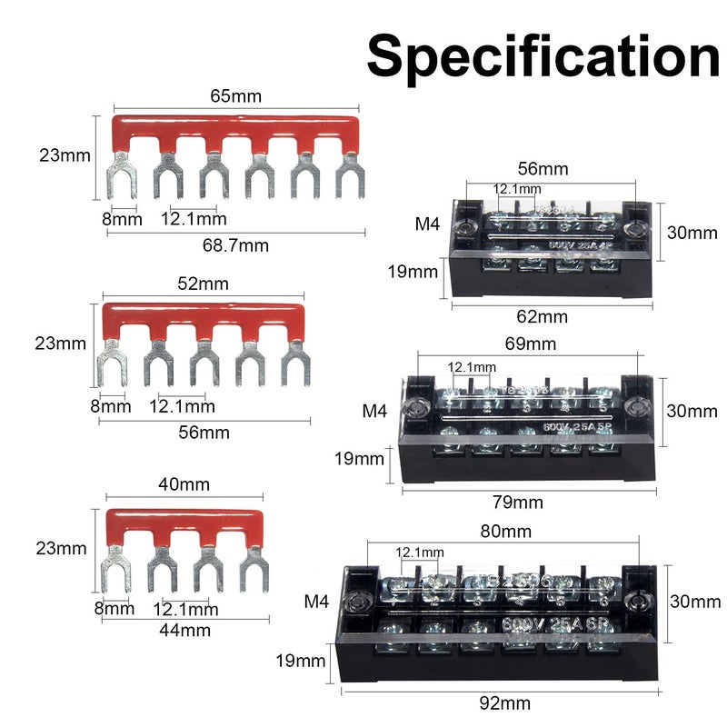 MILAPEAK 6 Sets Terminal Blocks, 4/5/6 Positions 600V 25A Dual Row Wire Screw Terminal Strip Block with Cover + 400V 25A Pre-Insulated Bus Bar Terminals Barrier Strips Jumpers (Black & Red) by - Image 2