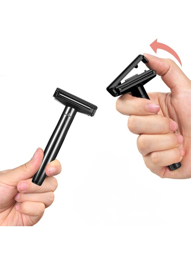 Glossy Black Adjustable Safety Razor - 6 Sharpness Settings, Quick Blade Load/Unload, Zinc Alloy Wet Shaving with Rollers, Washable & 5 Platinum Blades - For Men & Women - Image 5