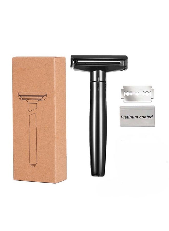 Glossy Black Adjustable Safety Razor - 6 Sharpness Settings, Quick Blade Load/Unload, Zinc Alloy Wet Shaving with Rollers, Washable & 5 Platinum Blades - For Men & Women - Image 1