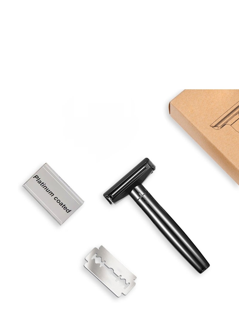 Glossy Black Adjustable Safety Razor - 6 Sharpness Settings, Quick Blade Load/Unload, Zinc Alloy Wet Shaving with Rollers, Washable & 5 Platinum Blades - For Men & Women - Image 2