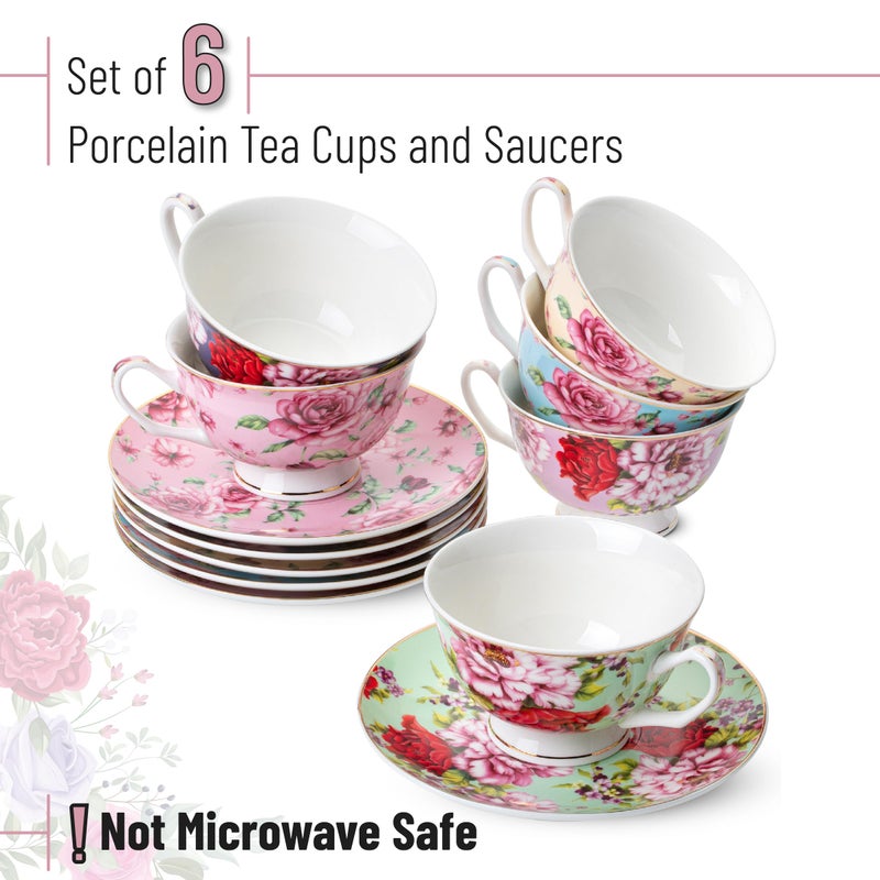 Brew To A Tea BTaT- Floral Tea Cups and Saucers with Gift Box, 8oz, Tea Cups Set of 6, Cup & Saucer Sets, Christmas Gifts - Image 2