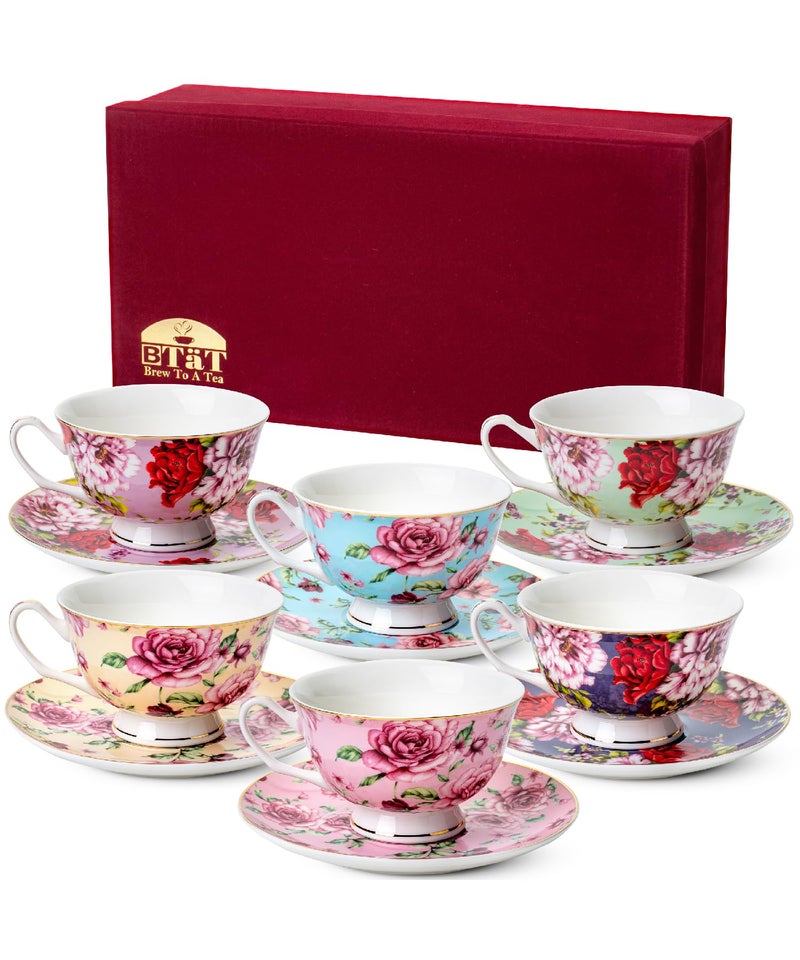 Brew To A Tea BTaT- Floral Tea Cups and Saucers with Gift Box, 8oz, Tea Cups Set of 6, Cup & Saucer Sets, Christmas Gifts - Image 1