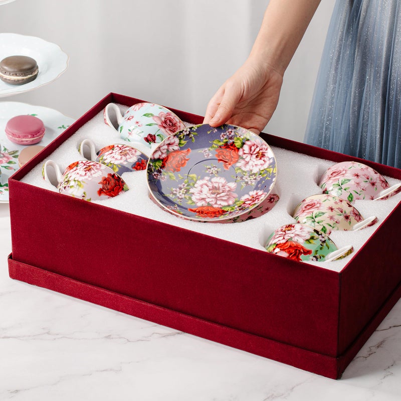 Brew To A Tea BTaT- Floral Tea Cups and Saucers with Gift Box, 8oz, Tea Cups Set of 6, Cup & Saucer Sets, Christmas Gifts - Image 4