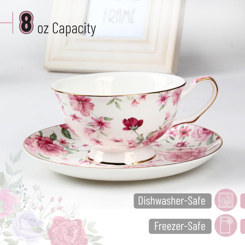 Brew To A Tea BTaT- Floral Tea Cups and Saucers with Gift Box, 8oz, Tea Cups Set of 6, Cup & Saucer Sets, Christmas Gifts - Image 3
