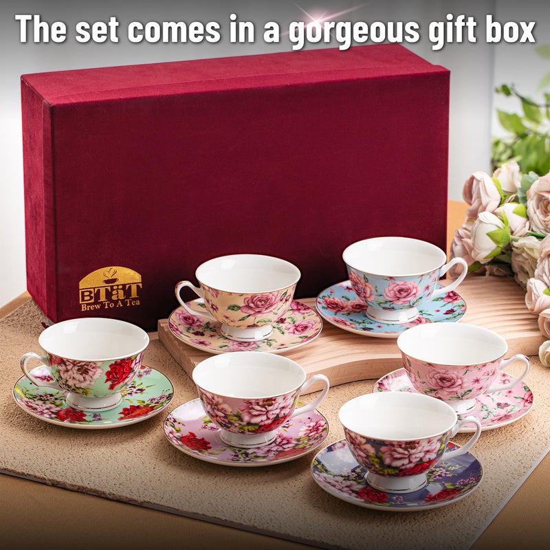 Brew To A Tea BTaT- Floral Tea Cups and Saucers with Gift Box, 8oz, Tea Cups Set of 6, Cup & Saucer Sets, Christmas Gifts - Image 5
