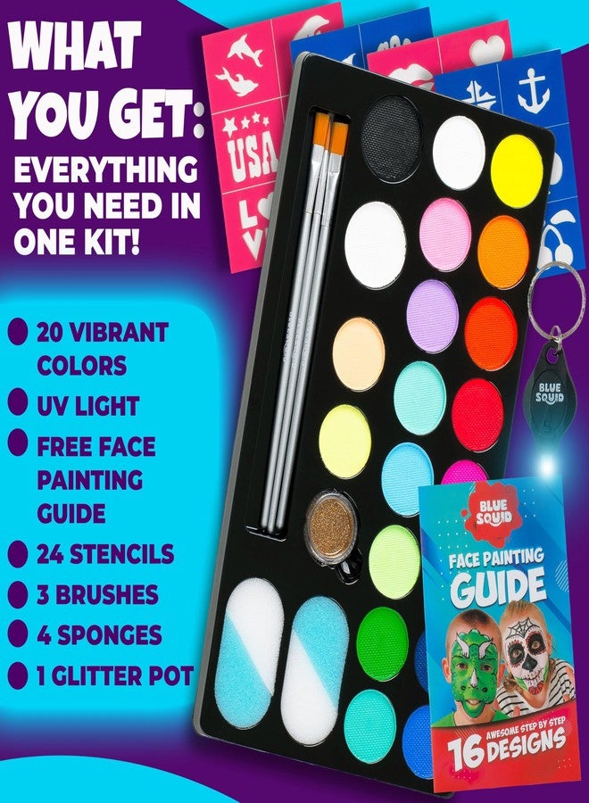 Blue Squid UV Neon Face and Body Paint Glow in the Dark Face Paint Kit 20 Colors Black Light with Stencils, Book - Safe for Sensitive Skin, Non-Toxic UV Painting Professional Accessories Kids Adults - Image 2