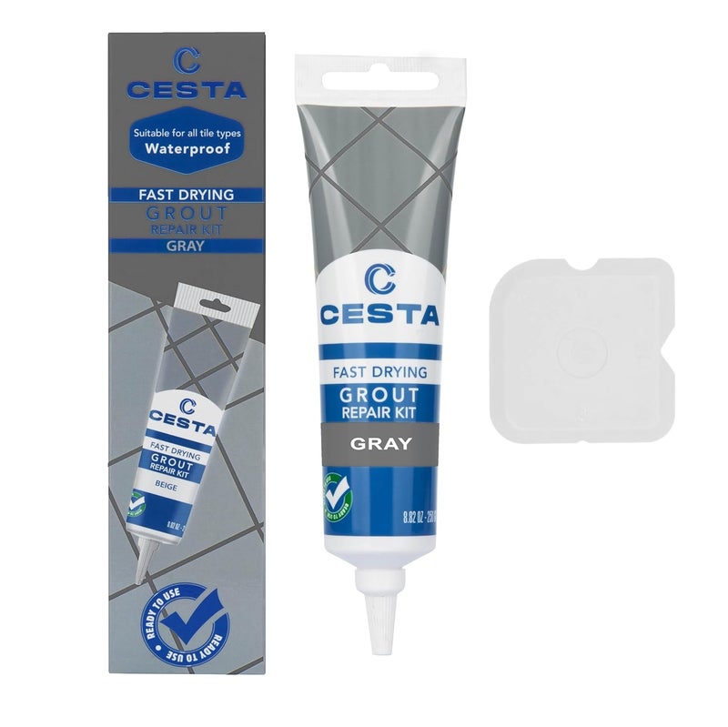 CESTA Tile Grout Repair Kit Squeeze Tube, Fast Drying, Waterproof Tile Grout Paint to Restore & Renew Tile Joints Line for Bathroom, Kitchen, Shower & Floor Tile (Grey, 8.8 oz) - Image 1