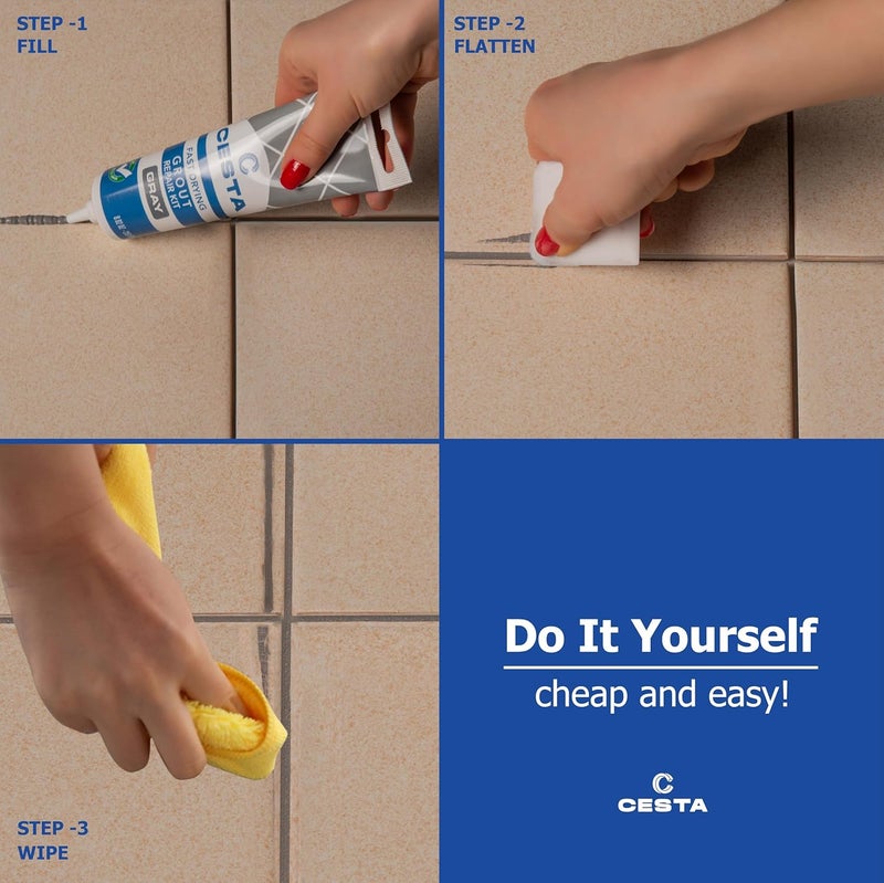 CESTA Tile Grout Repair Kit Squeeze Tube, Fast Drying, Waterproof Tile Grout Paint to Restore & Renew Tile Joints Line for Bathroom, Kitchen, Shower & Floor Tile (Grey, 8.8 oz) - Image 2