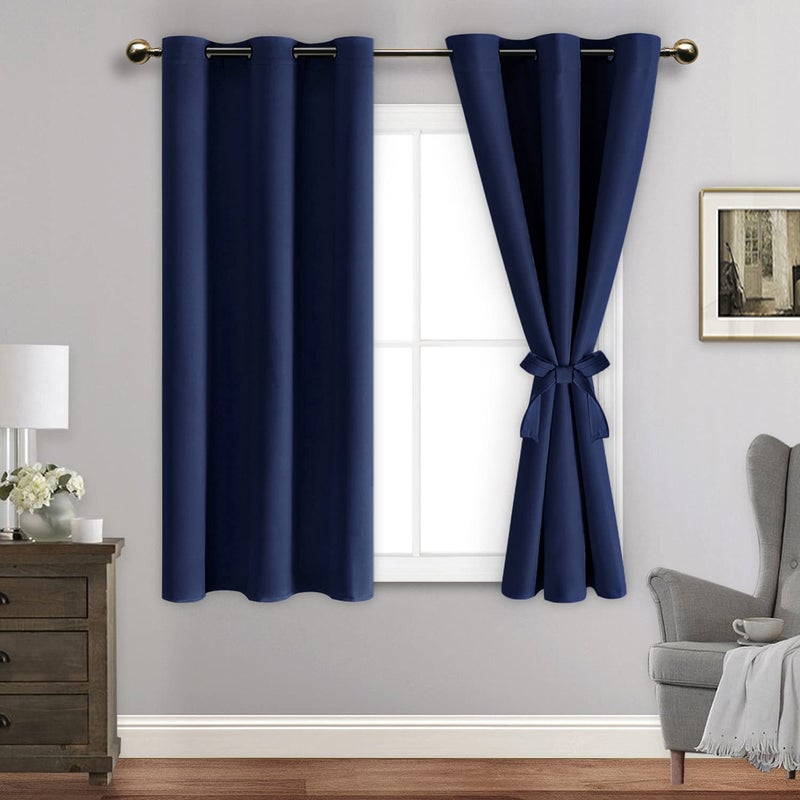 JIUZHEN Blackout Curtains with Tiebacks  Thermal Insulated Light Blocking and Noise Reducing Grommet Curtain Drapes for Bedroom and Living Room Set of 2 Panels 42 x 45 Inch Length Navy Blue