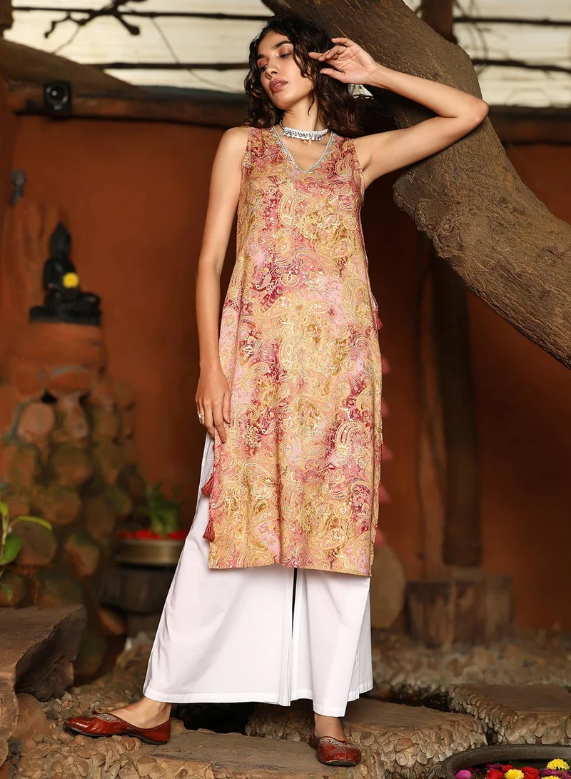 QISSA Women's Rose Pink & Sand Beige Rustic Tassel Kurta Set