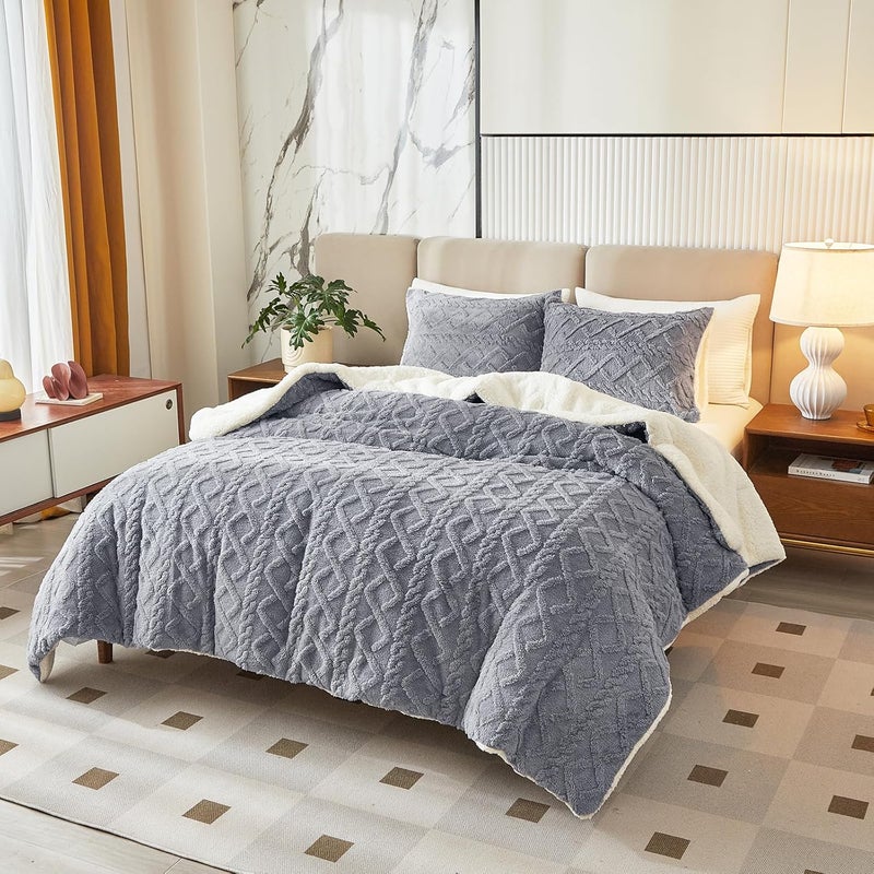 Joyreap Faux Fur Sherpa Fluffy Bedding Set 3 Pieces, Light Grey, Single Bed, Ultra Soft and Warm for Cold Weather – 254 x 223.5 cm - Image 2