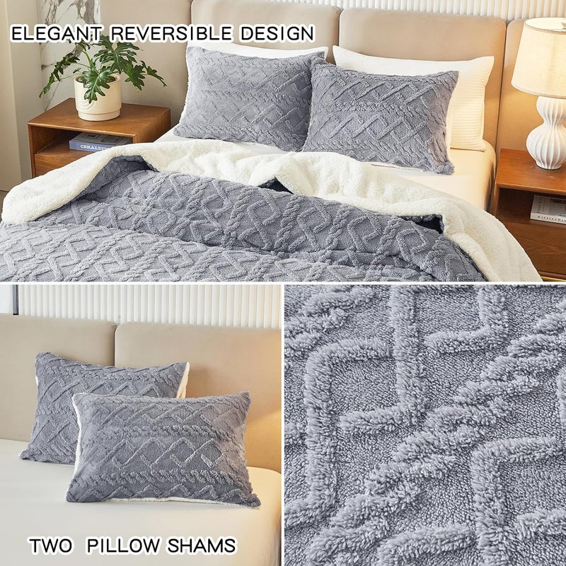 Joyreap Faux Fur Sherpa Fluffy Bedding Set 3 Pieces, Light Grey, Single Bed, Ultra Soft and Warm for Cold Weather – 254 x 223.5 cm - Image 4