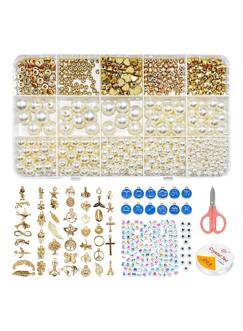 كابتن تيك Clay Beads for Bracelet Making kit, KASTWAVE 4-12mm White Pearl Bracelet Kit 50 Pcs Gold Pendants Kit Constellation Pendant Kit with Elastic Strings Jewelry Making Kit Beads Necklace Making Kit - Image 1