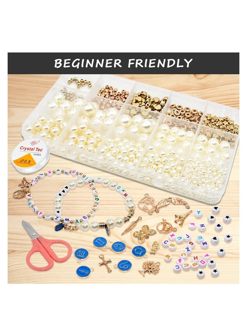 كابتن تيك Clay Beads for Bracelet Making kit, KASTWAVE 4-12mm White Pearl Bracelet Kit 50 Pcs Gold Pendants Kit Constellation Pendant Kit with Elastic Strings Jewelry Making Kit Beads Necklace Making Kit - Image 5