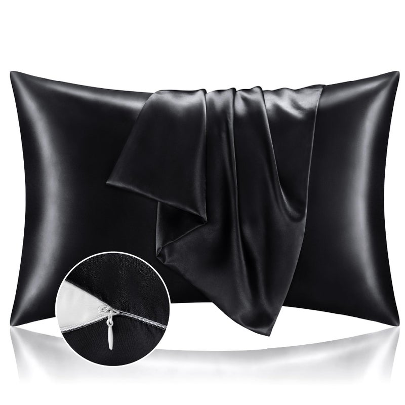 BEDELITE Satin Pillowcase with Zipper Black Pillow Cases Queen Size Set of 2 Super Soft and Cooling Similar to Silk Pillow Cases Gift for Women Men20x30 Inches