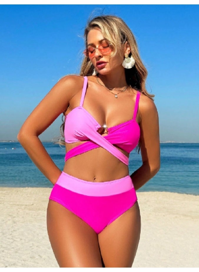 شي إن طقم بيكيني صيفي من قطعتين من SHEIN للسباحة للنساء بخصر عالٍ ومتقاطع بألوان متعددة - Image 3