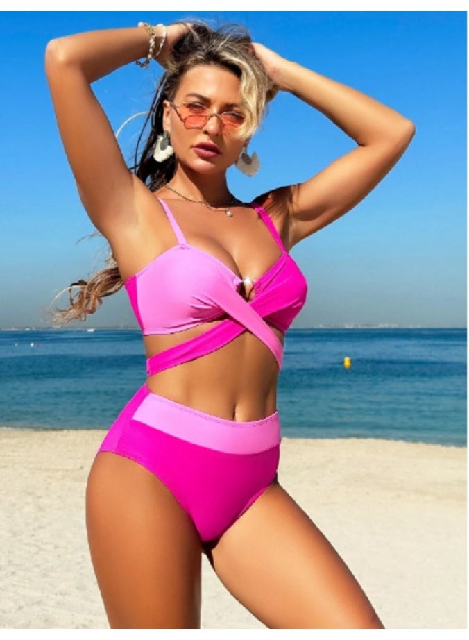 شي إن طقم بيكيني صيفي من قطعتين من SHEIN للسباحة للنساء بخصر عالٍ ومتقاطع بألوان متعددة - Image 1