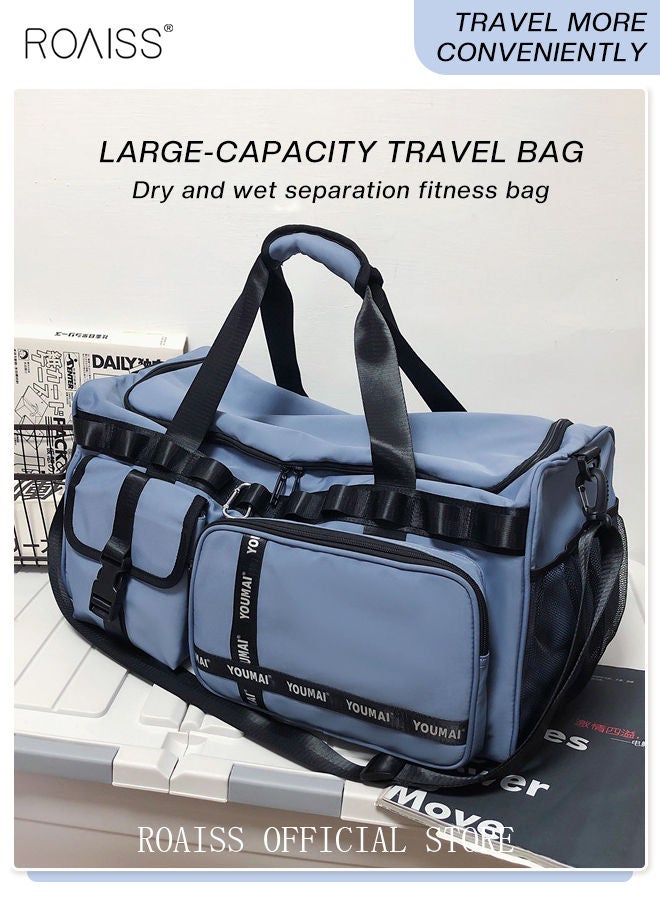 roaiss Large-Capacity Travel Bag Men's Short-Distance Luggage Backpack College Students Boarding Backpack Dry and Wet Separation Fitness Bag Blue Portable - Image 3