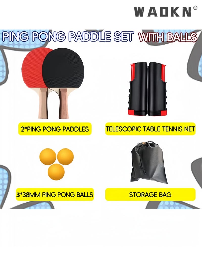 WAOKN Portable Retractable Table Tennis Set, All-in-One Ping Pong Kit with Thickened Material Reinforced Net, 2 Paddles, 6 Random Color Balls, Adjustable 7cm Clamp Clamp Ping Pong Kit& Carry Bag, Instant Setup for Indoor Outdoor Mini Travel Game, （Blank Carton Packaging） - Image 3