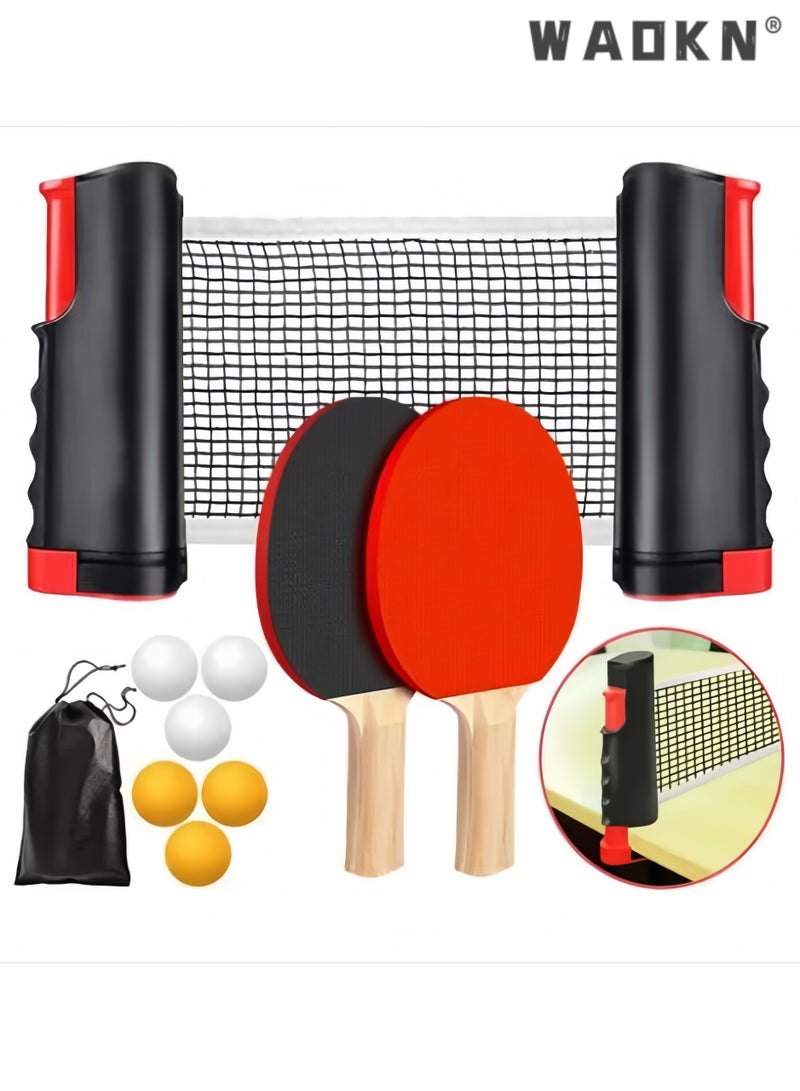 WAOKN Portable Retractable Table Tennis Set, All-in-One Ping Pong Kit with Thickened Material Reinforced Net, 2 Paddles, 6 Random Color Balls, Adjustable 7cm Clamp Clamp Ping Pong Kit& Carry Bag, Instant Setup for Indoor Outdoor Mini Travel Game, （Blank Carton Packaging） - Image 1