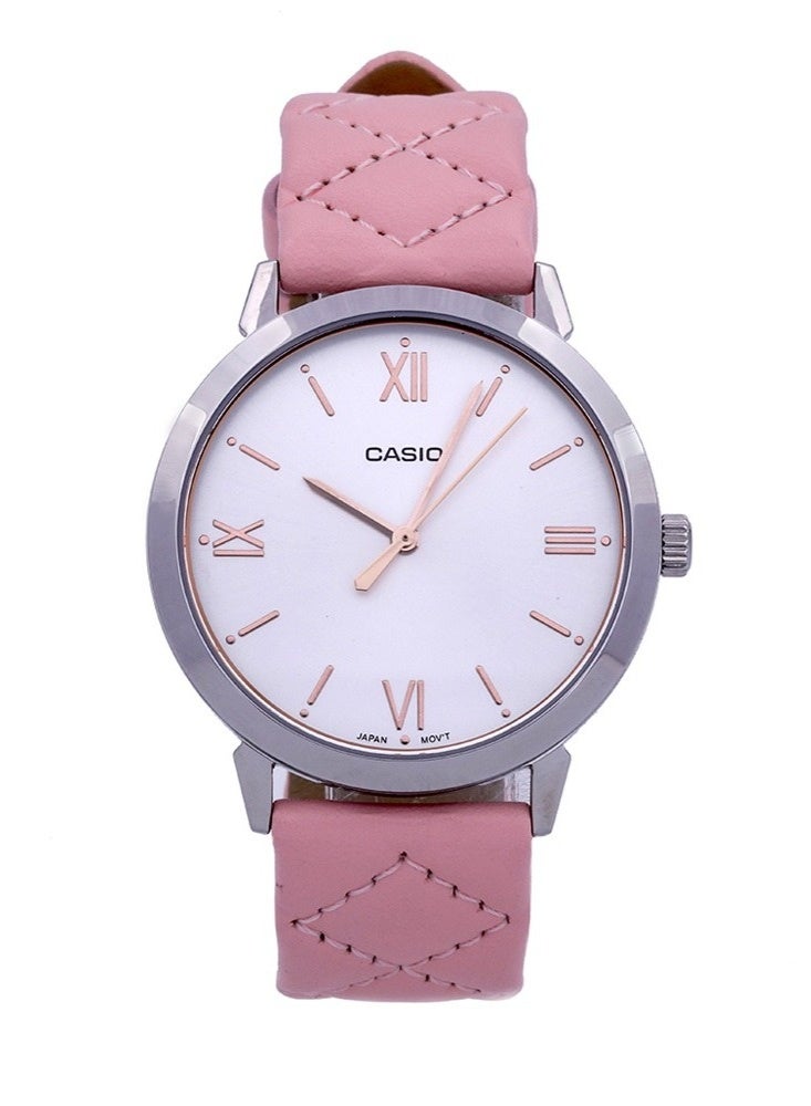 كاسيو Enticer Analog Women’s Watch LTP‑E153L‑4ADF, 36 mm Silver Dial, Stainless Steel Case & Pink Leather Band, Water Resistant - Image 1