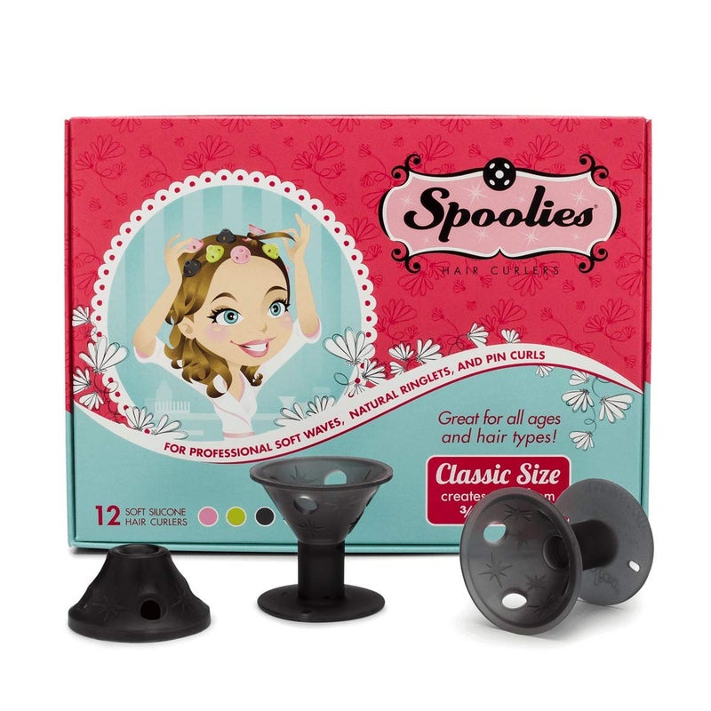 Spoolies Original Hair Curlers Heatless Silicone Rollers for Natural Hair Hair Extensions plus Wigs Made in USA 12 Medium Size Shadow Black