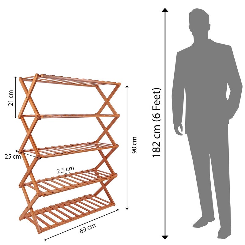 Livzing 5-Tier Foldable Bamboo Wooden Shoe Racks | Collapsible MultiPurpose Rack for Storage Entryway Furniture Rack | Shelf Organizer for Home and Kitchen | Slipper Stand Chappal Storage Organizer - Image 2