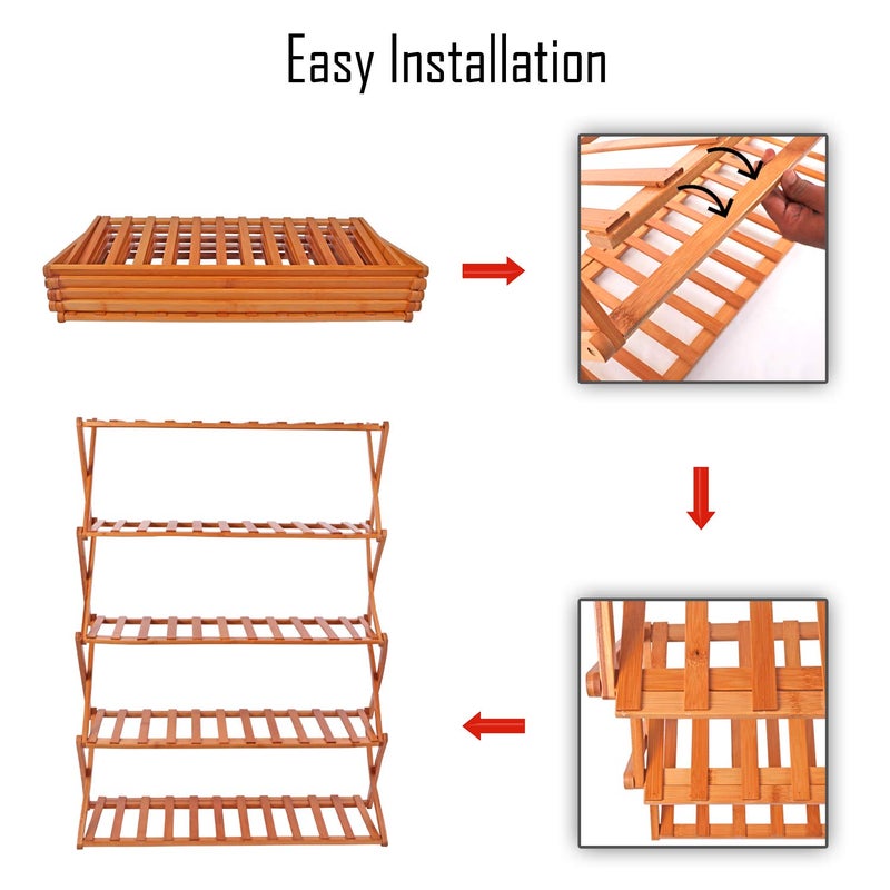 Livzing 5-Tier Foldable Bamboo Wooden Shoe Racks | Collapsible MultiPurpose Rack for Storage Entryway Furniture Rack | Shelf Organizer for Home and Kitchen | Slipper Stand Chappal Storage Organizer - Image 5
