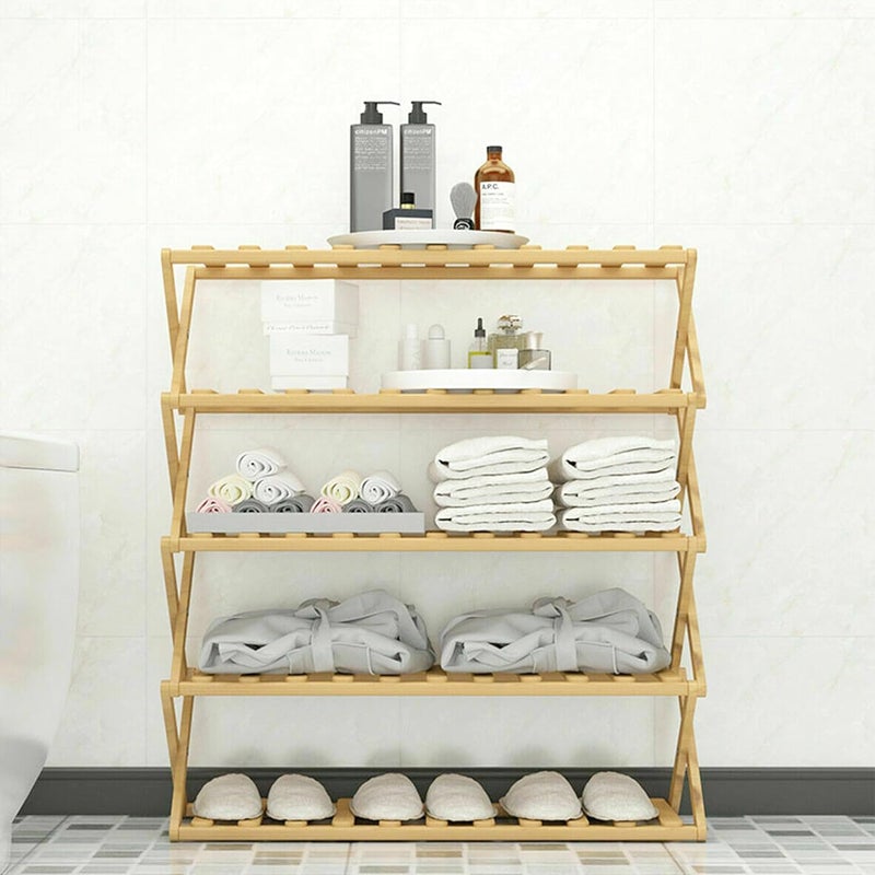 Livzing 5-Tier Foldable Bamboo Wooden Shoe Racks | Collapsible MultiPurpose Rack for Storage Entryway Furniture Rack | Shelf Organizer for Home and Kitchen | Slipper Stand Chappal Storage Organizer - Image 4