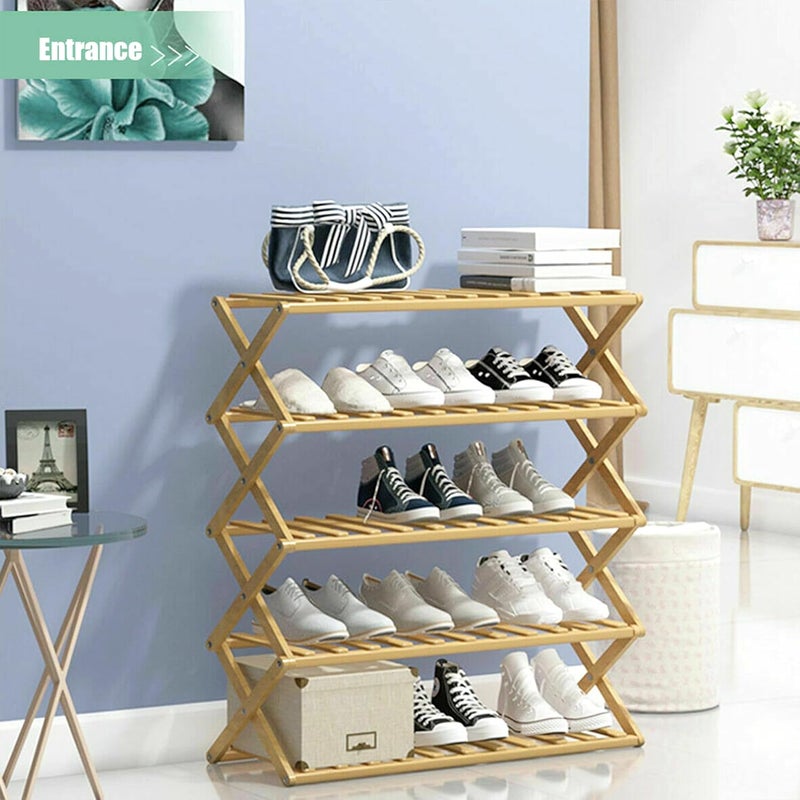 Livzing 5-Tier Foldable Bamboo Wooden Shoe Racks | Collapsible MultiPurpose Rack for Storage Entryway Furniture Rack | Shelf Organizer for Home and Kitchen | Slipper Stand Chappal Storage Organizer - Image 1