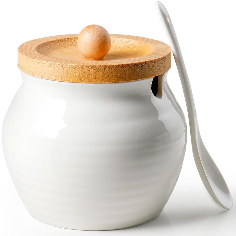 AISBUGUR Sugar Bowl with Lid and Spoon,13oz Sugar Bowl with Bamboo Lid,Ceramic Sugar Container for Coffee Bar,Countertop,Kitchen Decor,Dishwasher Safe, White - Image 1