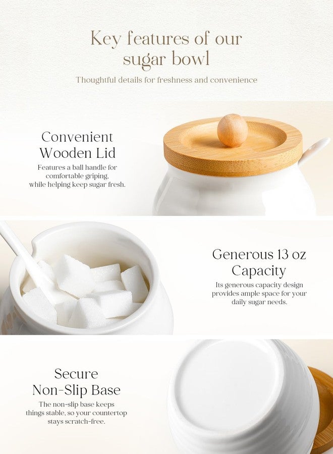 AISBUGUR Sugar Bowl with Lid and Spoon,13oz Sugar Bowl with Bamboo Lid,Ceramic Sugar Container for Coffee Bar,Countertop,Kitchen Decor,Dishwasher Safe, White - Image 5