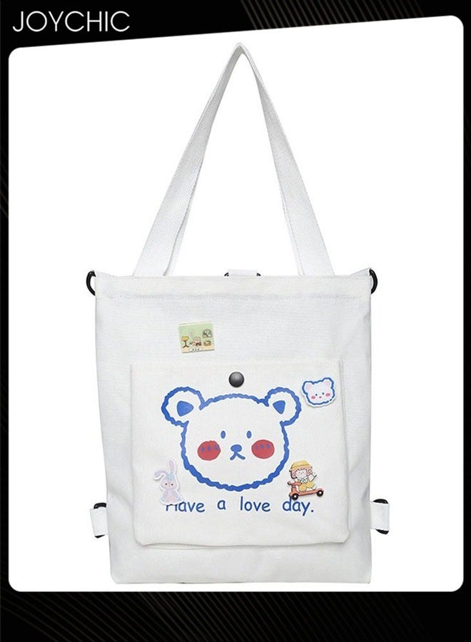 جوي شيك Lovely Bear Printed Canvas Bag Large Capacity Casual Student Backpack Multifunction School Tote Bag with Cartoon Pendant White - Image 5