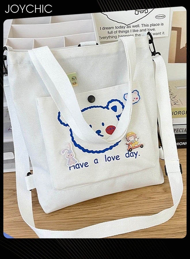 جوي شيك Lovely Bear Printed Canvas Bag Large Capacity Casual Student Backpack Multifunction School Tote Bag with Cartoon Pendant White - Image 3