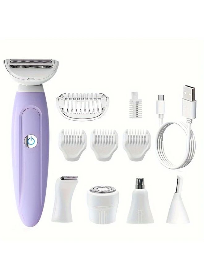 5-In-1 Purple Rechargeable Electric Shaver with USB Charging for Women, Dry & Wet Use, Fine Blades for Sensitive Skin, Stainless Steel Cutting Heads, 600mAh Battery, Limited Brush Included - Image 2