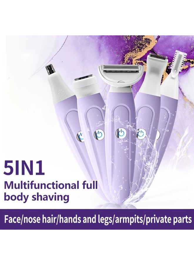 5-In-1 Purple Rechargeable Electric Shaver with USB Charging for Women, Dry & Wet Use, Fine Blades for Sensitive Skin, Stainless Steel Cutting Heads, 600mAh Battery, Limited Brush Included - Image 1