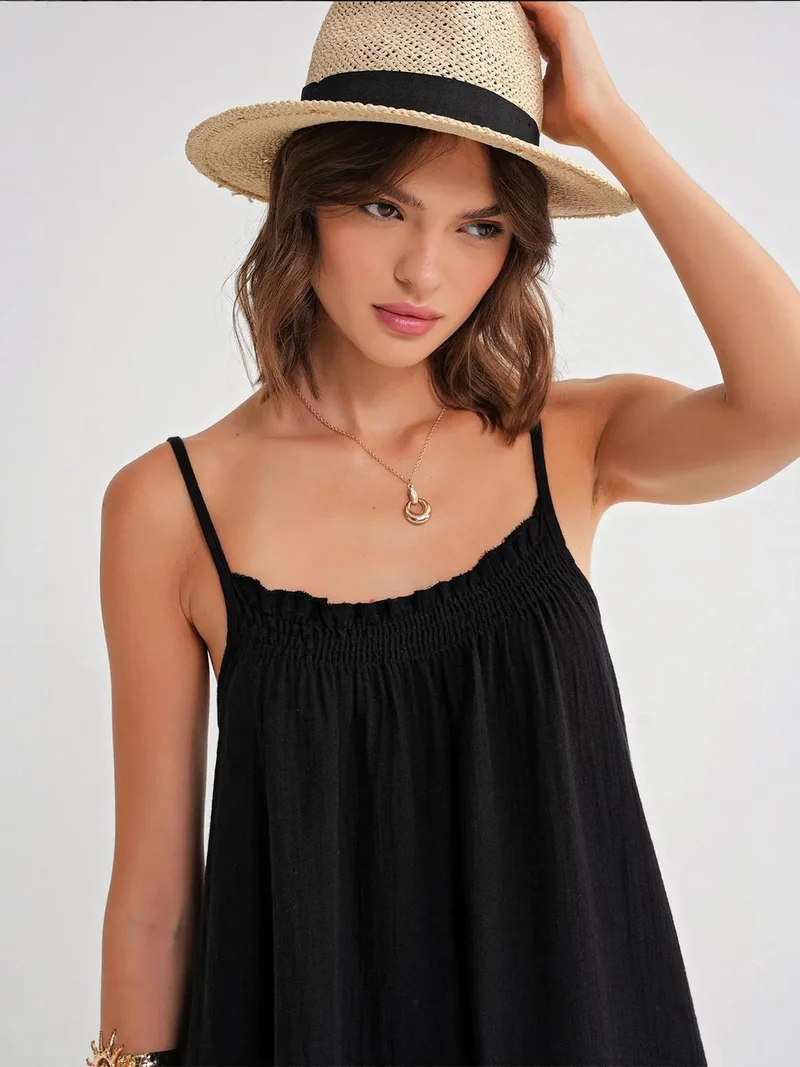 MixRay Black Mixray Midi Muslin Dress with Ruffle Detail for Women | Best Price UAE