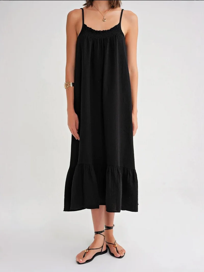 MixRay Black Mixray Midi Muslin Dress with Ruffle Detail for Women | Best Price UAE