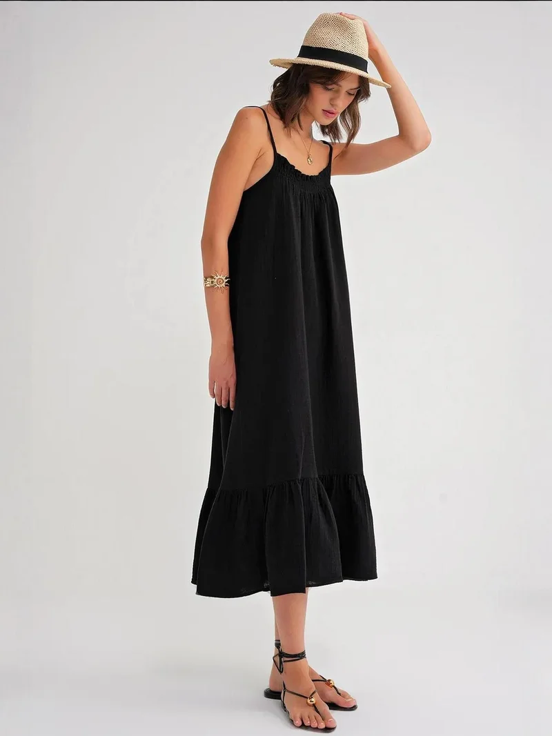 MixRay Black Mixray Midi Muslin Dress with Ruffle Detail for Women | Best Price UAE
